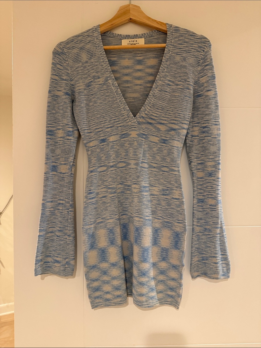 Atoir Light Blue & Cream Knit V-Neck Long Sleeve Dress